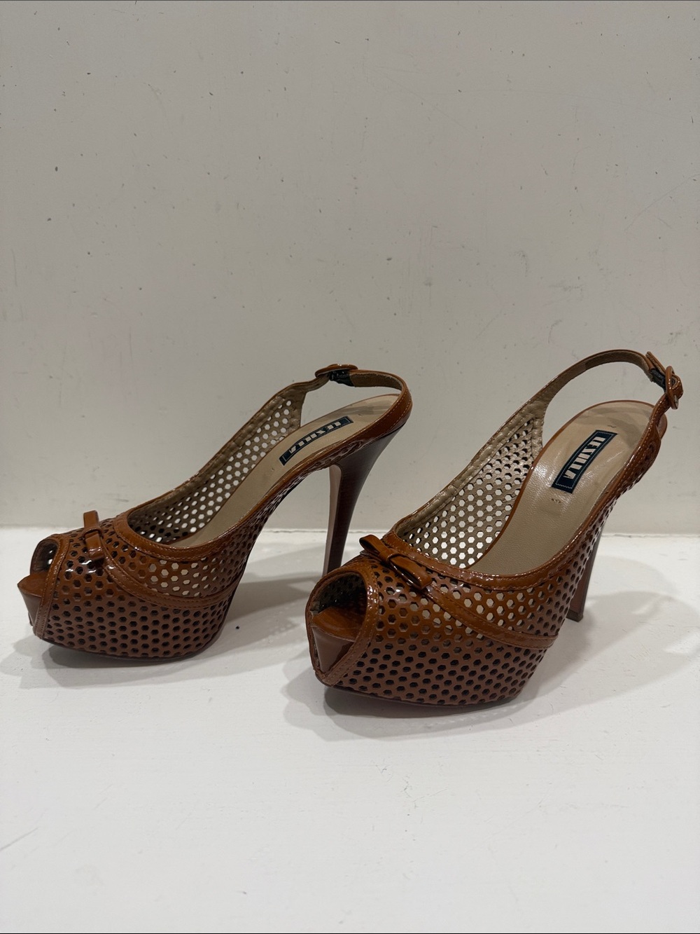 Prada Cognac Perforated Peep-Toe Slingback Heels